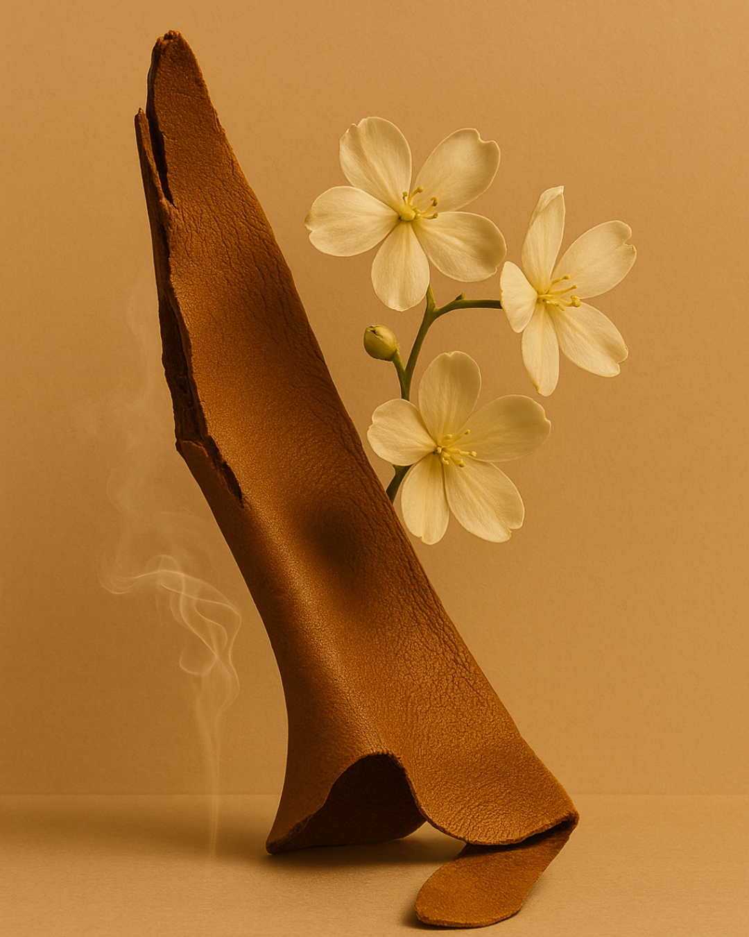 Morceau de cuir se dressant sur un fond beige, accompagné de fleurs de jasmin et d’un léger voile de fumée flottant à gauche.