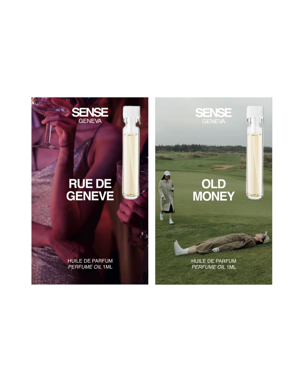 Échantillons d’huiles de parfum Sense Geneva Rue de Geneve et Old Money, présentés sur des cartes représentant leurs visuels d’univers respectifs.