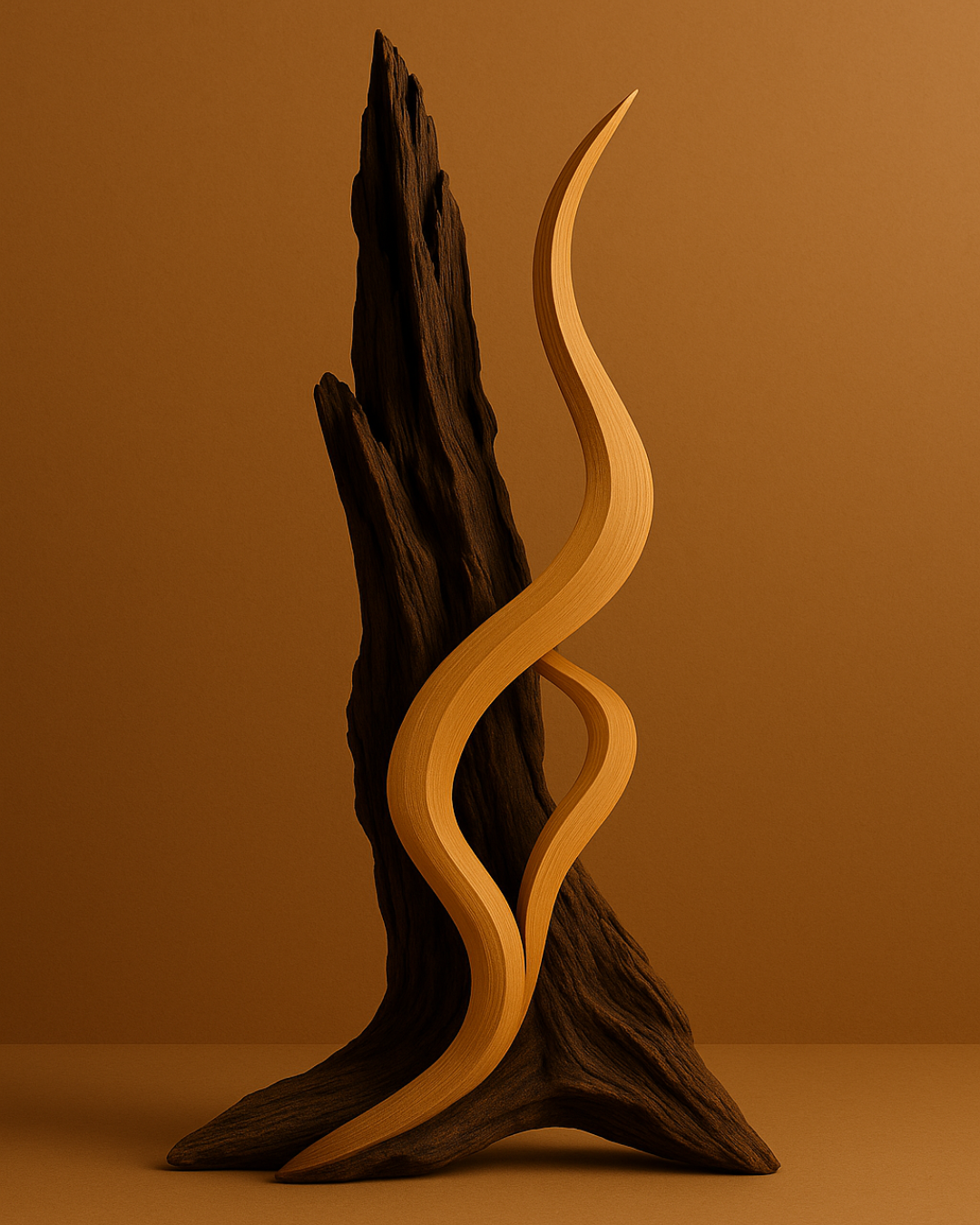 Composition artistique mêlant un morceau de bois sombre et sculptural à deux formes ondulantes en bois clair.