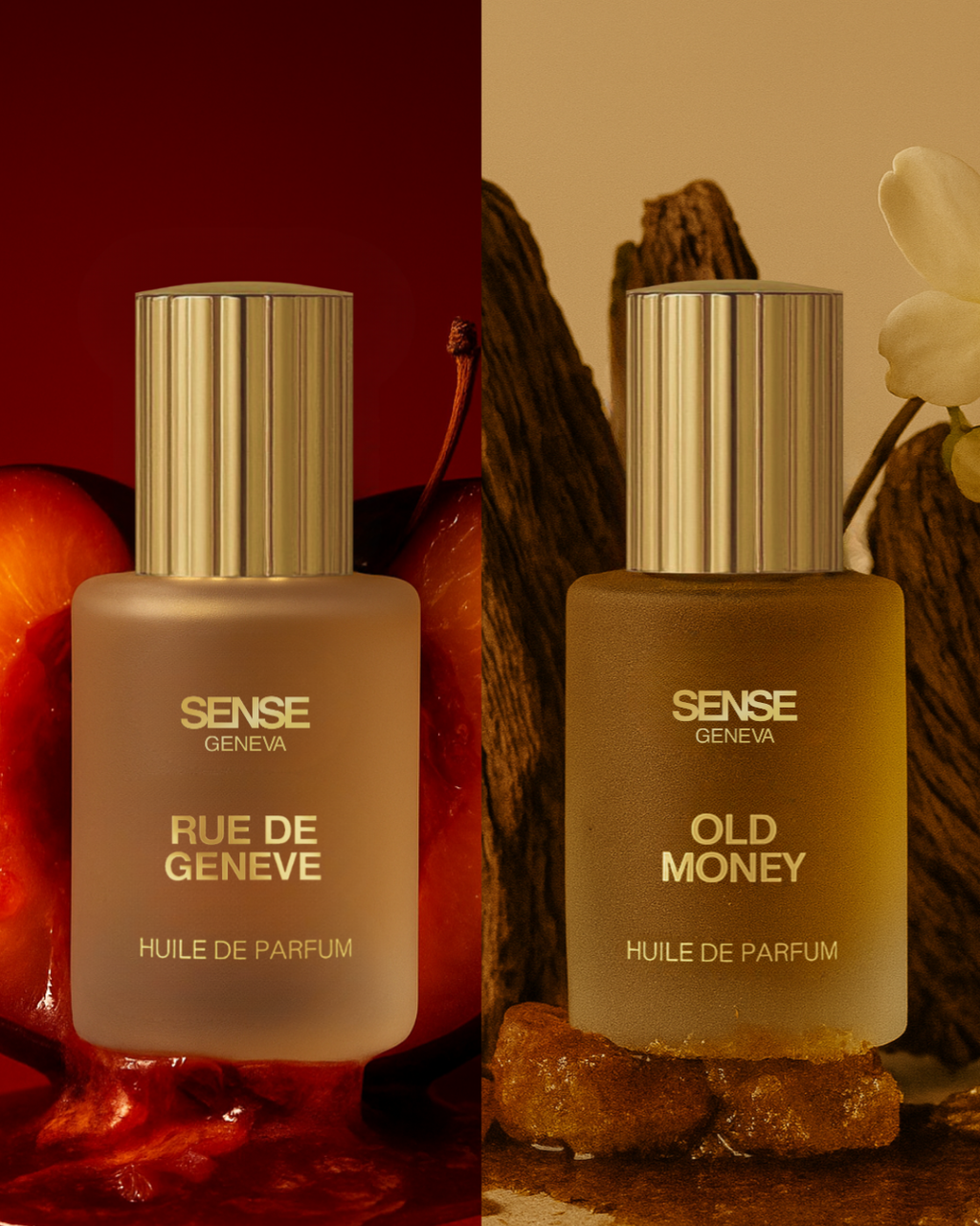 Deux huiles de parfum suisses Sense Geneva, Rue de Geneve et Old Money, présentées en flacons en verre givré avec capot doré.