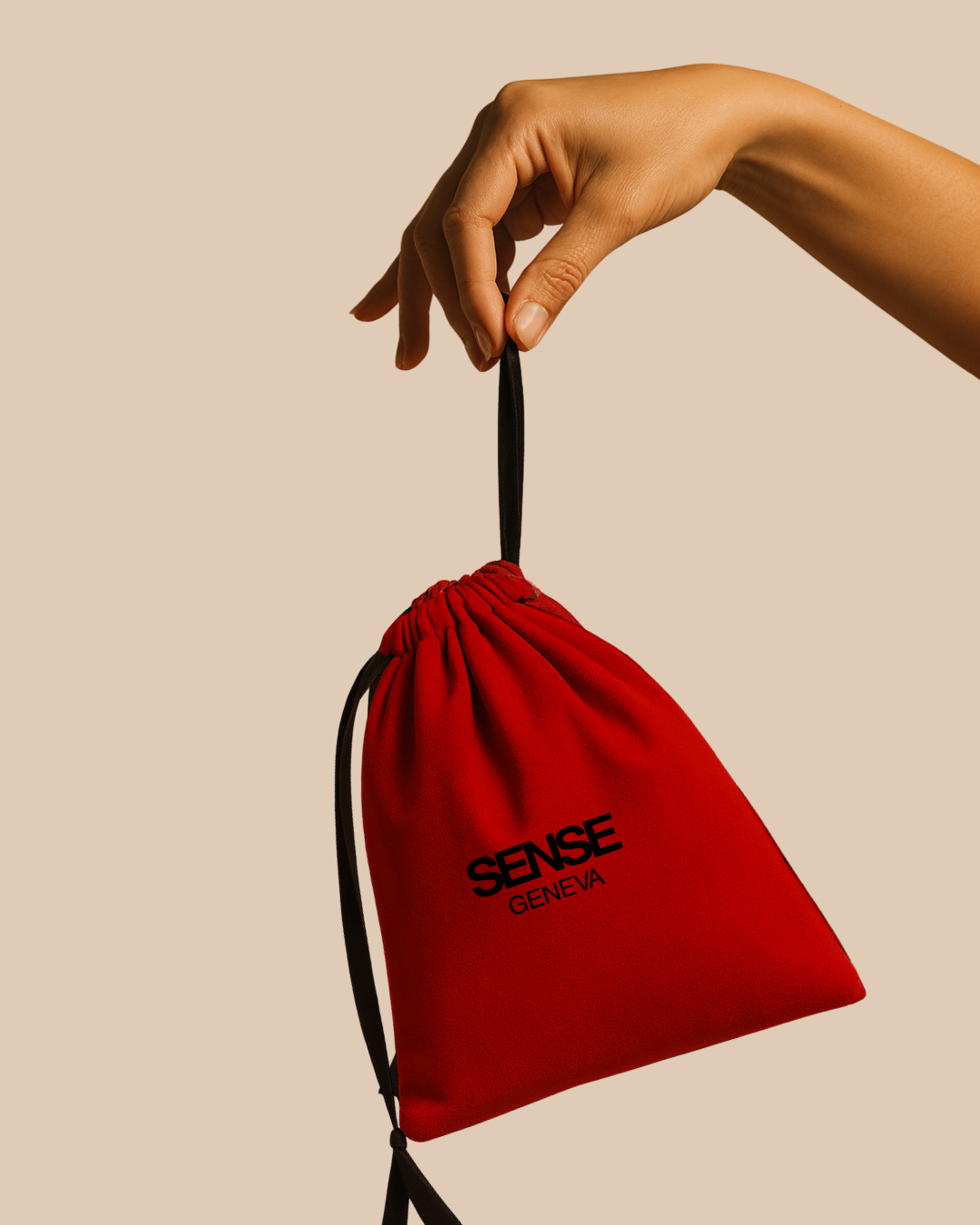 Main tenant le Kit Signature Sense Geneva dans un pochon en velours rouge, suspendu par son cordon noir sur fond beige.