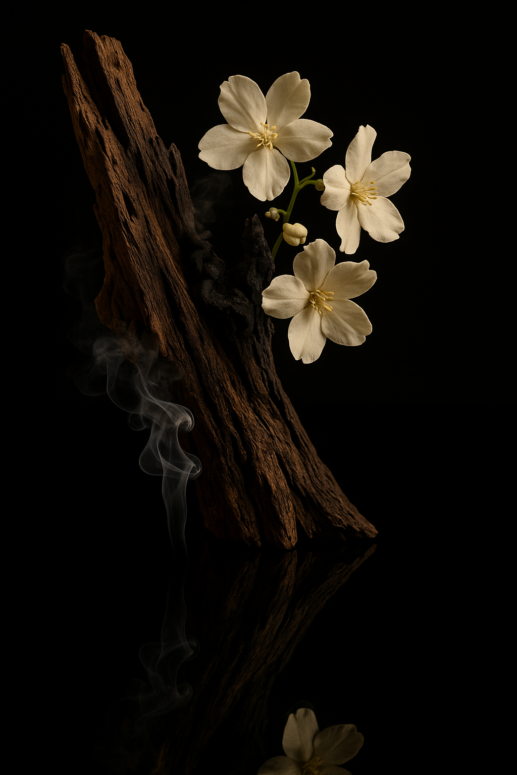 Fleurs blanches de jasmin associées à du bois sombre fumé, illustrant les notes florales et boisées de l’huile de parfum Old Money de Sense Geneva.
