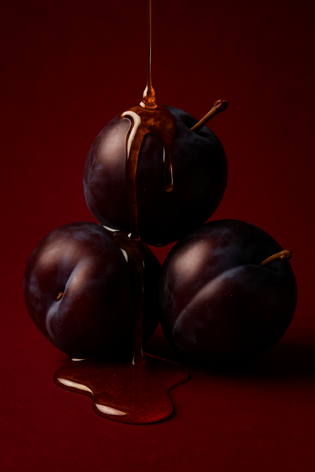 Trois prunes violettes empilées sur un fond rouge sombre, nappées de miel ambré qui s’écoule et se répand à leur base.