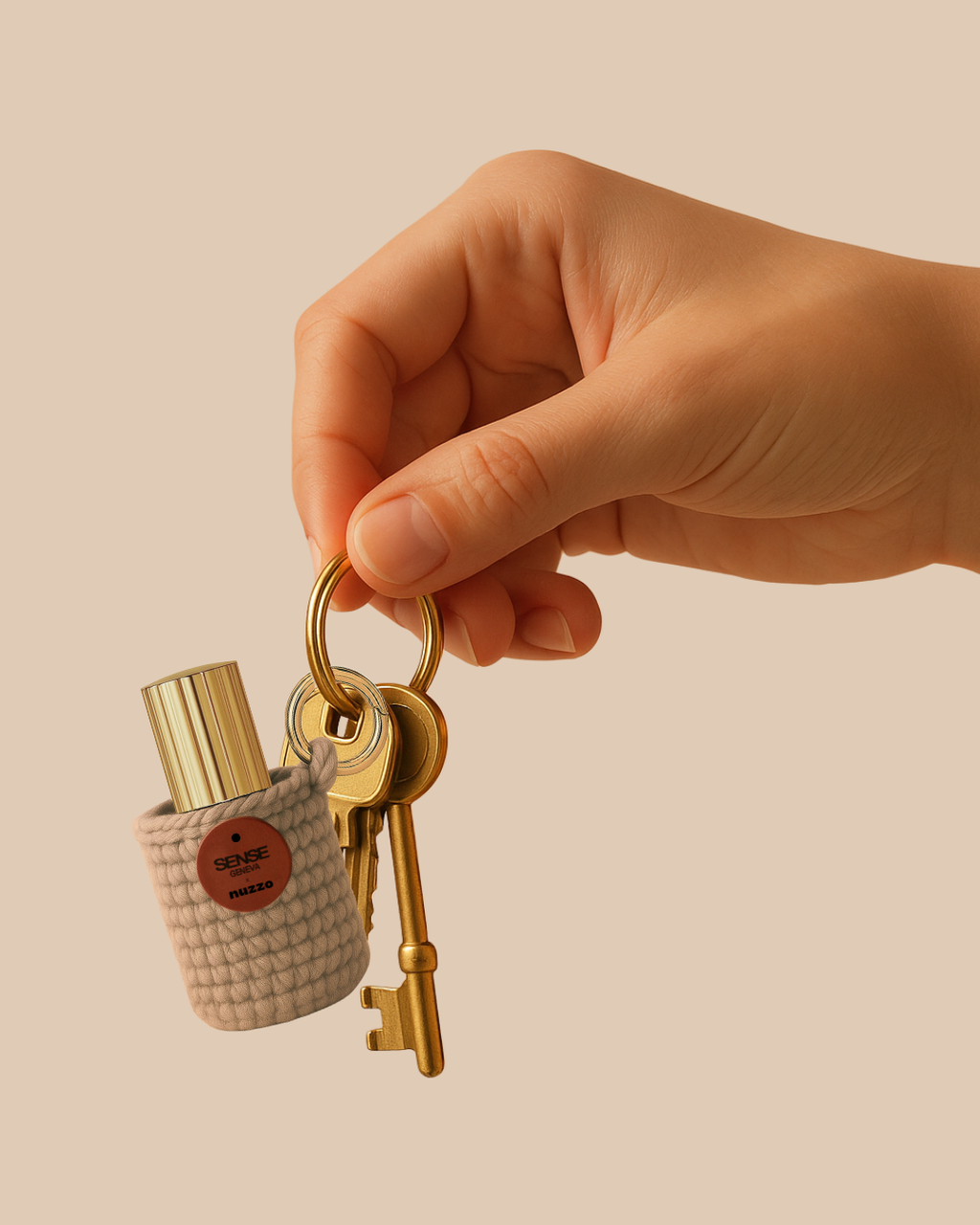 Main tenant un porte-clés doré auquel sont attachées plusieurs clés ainsi qu’un petit étui tricoté beige contenant un flacon de parfum Sense Geneva à capot doré, sur un fond uni couleur sable.