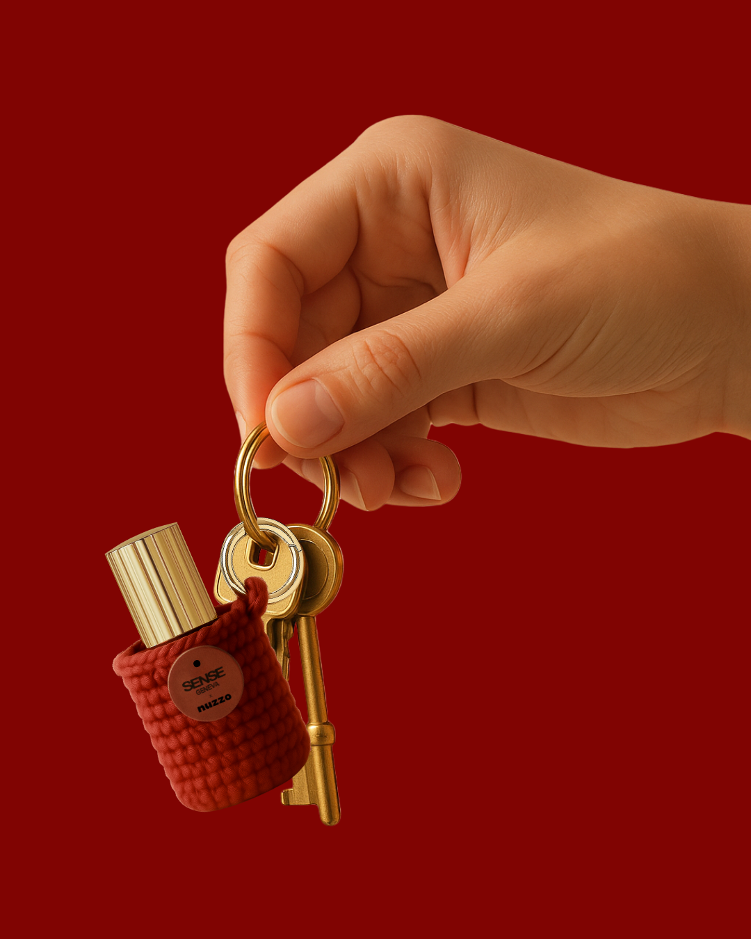 Main tenant un porte-clés doré auquel sont attachées plusieurs clés ainsi qu’un petit étui tricoté rouge contenant un flacon de parfum Sense Geneva à capot doré, sur un fond uni couleur rouge.
