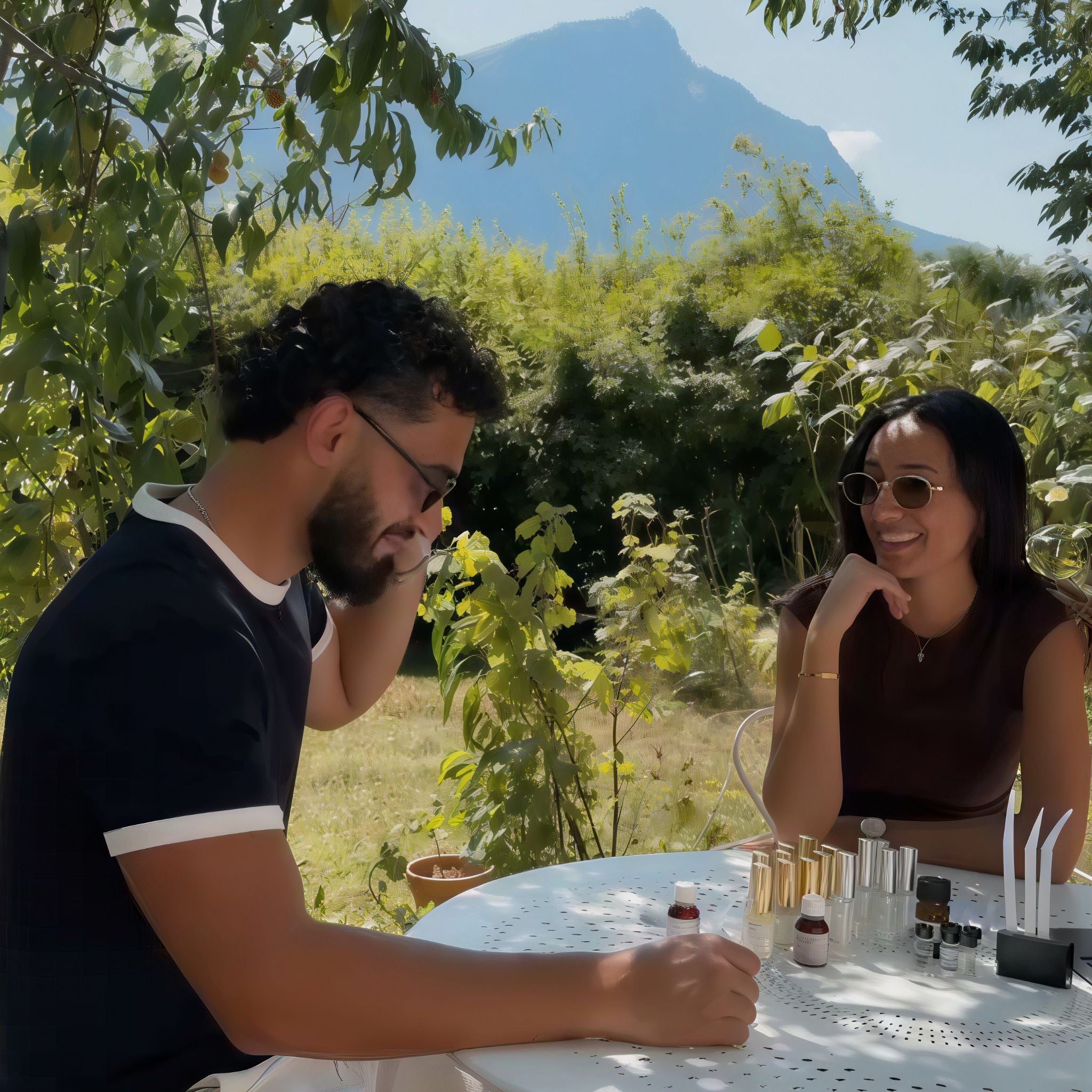 Les fondateurs de Sense Geneva dans un jardin ensoleillé, avec des flacons de parfum et des échantillons disposés devant eux.