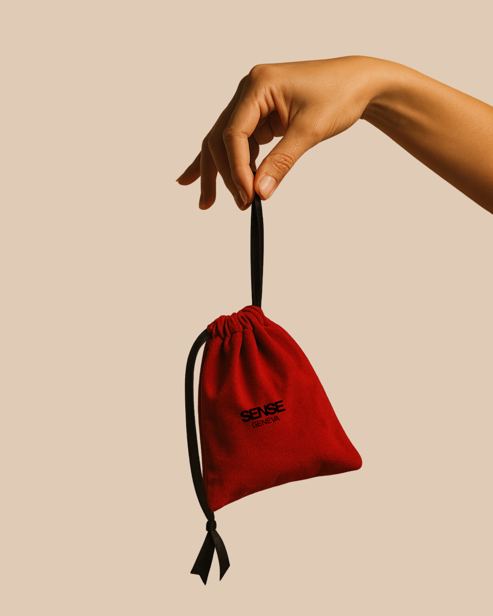 Main tenant un Kit Sense Geneva dans un pochon en velours rouge, suspendu par son cordon noir sur fond beige.
